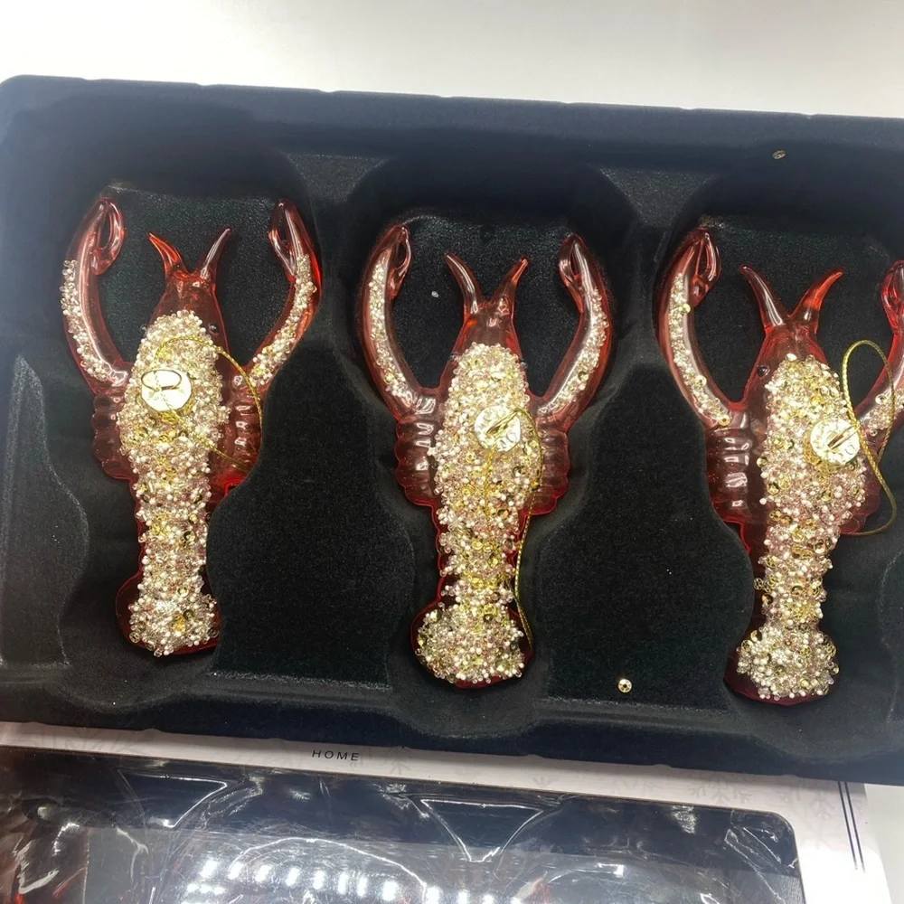 Beekman Home Lobster Set of 6 Glass Indent Embellished Christmas Ornaments